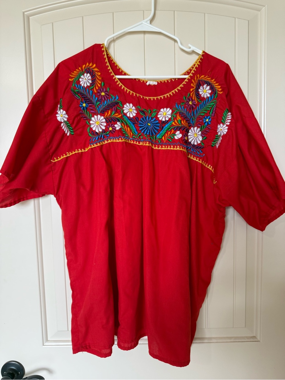 Hand-Embroidered Red Mexican Floral Women's Peasant Top 3X